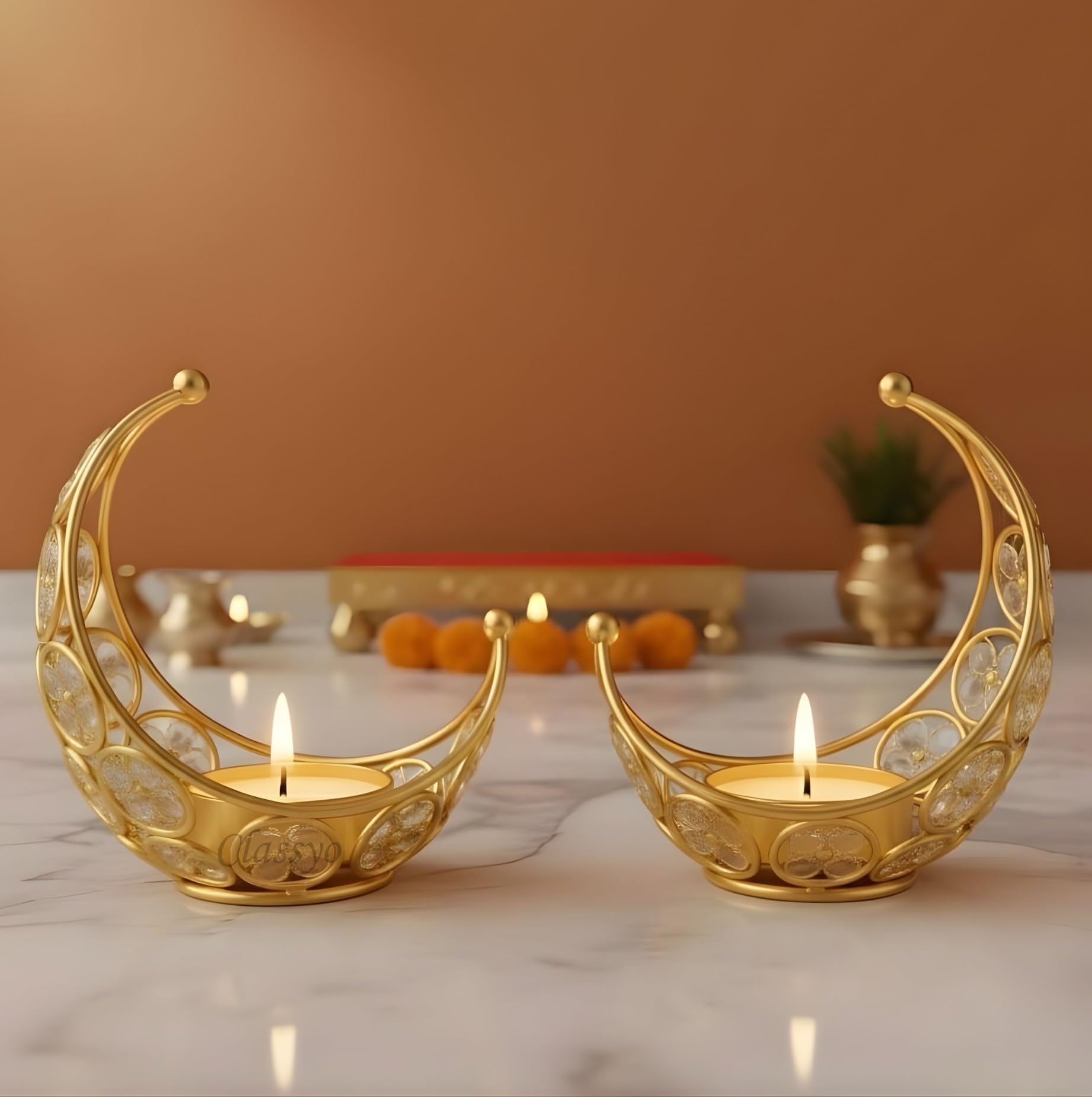 Moon Shaped Crystal Tea Light Candle Holders (Pack of 2) | Diwali Tealight Candle Holders | Metal Lantern | Tea Light Holders for Diwali, Pooja and Ramadan (Gold)