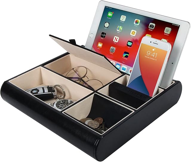 JackCubeDesign Valet Tray Leather Multi Catch all Storage Box Mens Dresser Desk Organiser Jewellery Accessories Night Stand for Keys, Phone, Wallet, Coin, Jewellery(Black)  :MK318A
