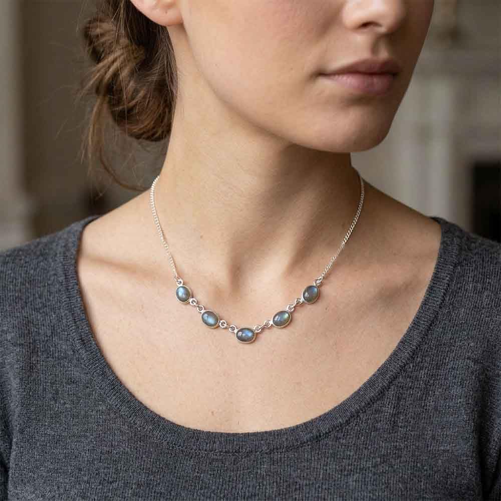 Collana labradorite in argento massiccio 925 - Dimensioni pietre 5x8mm, Argento sterling, labradorite