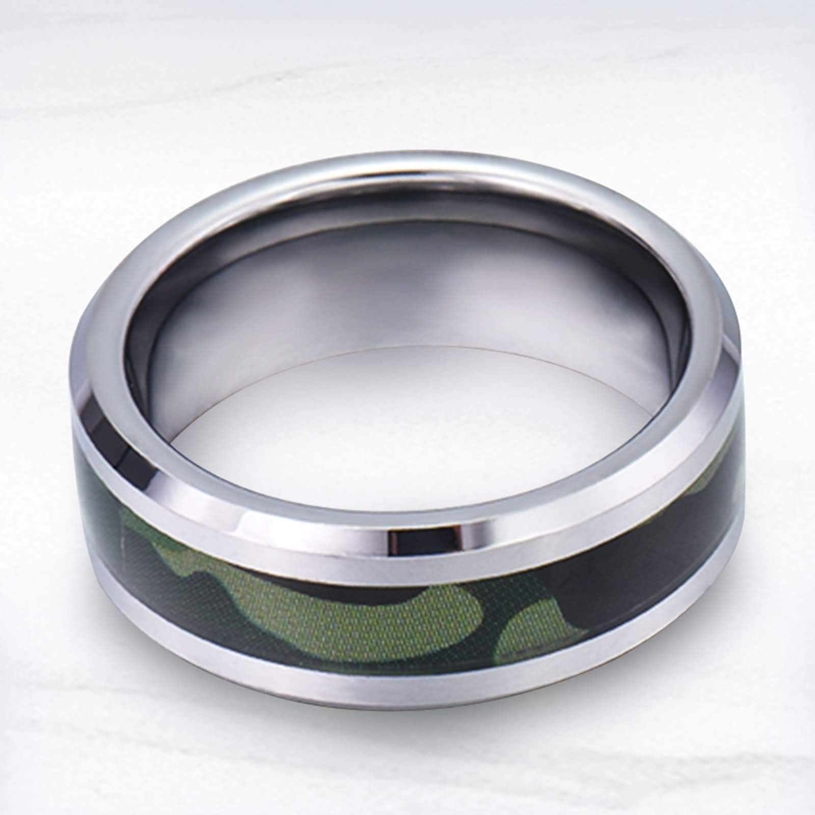 Anelli Uomo Tungsteno Anello con Intarsio Motivo Mimetico Bordo smussato Anello Fidanzamento Personalizzato 8MM Anello Tungsteno Argento Verde Misura 12-31