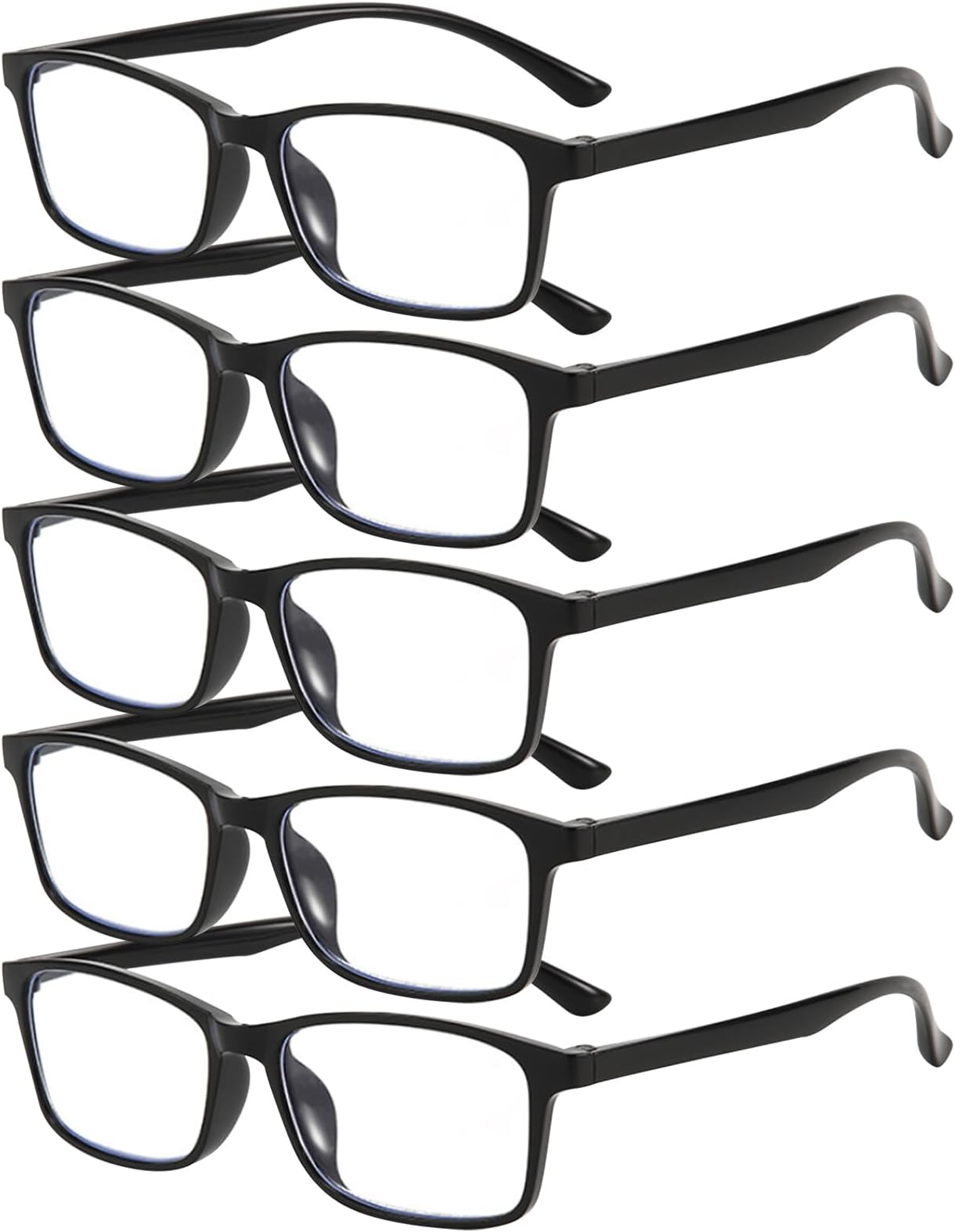 Unisex Reading Glasses, Scratch-Resistant Rectangular Frames with Non-Slip Temple Tips, Black, 5-Piece Set