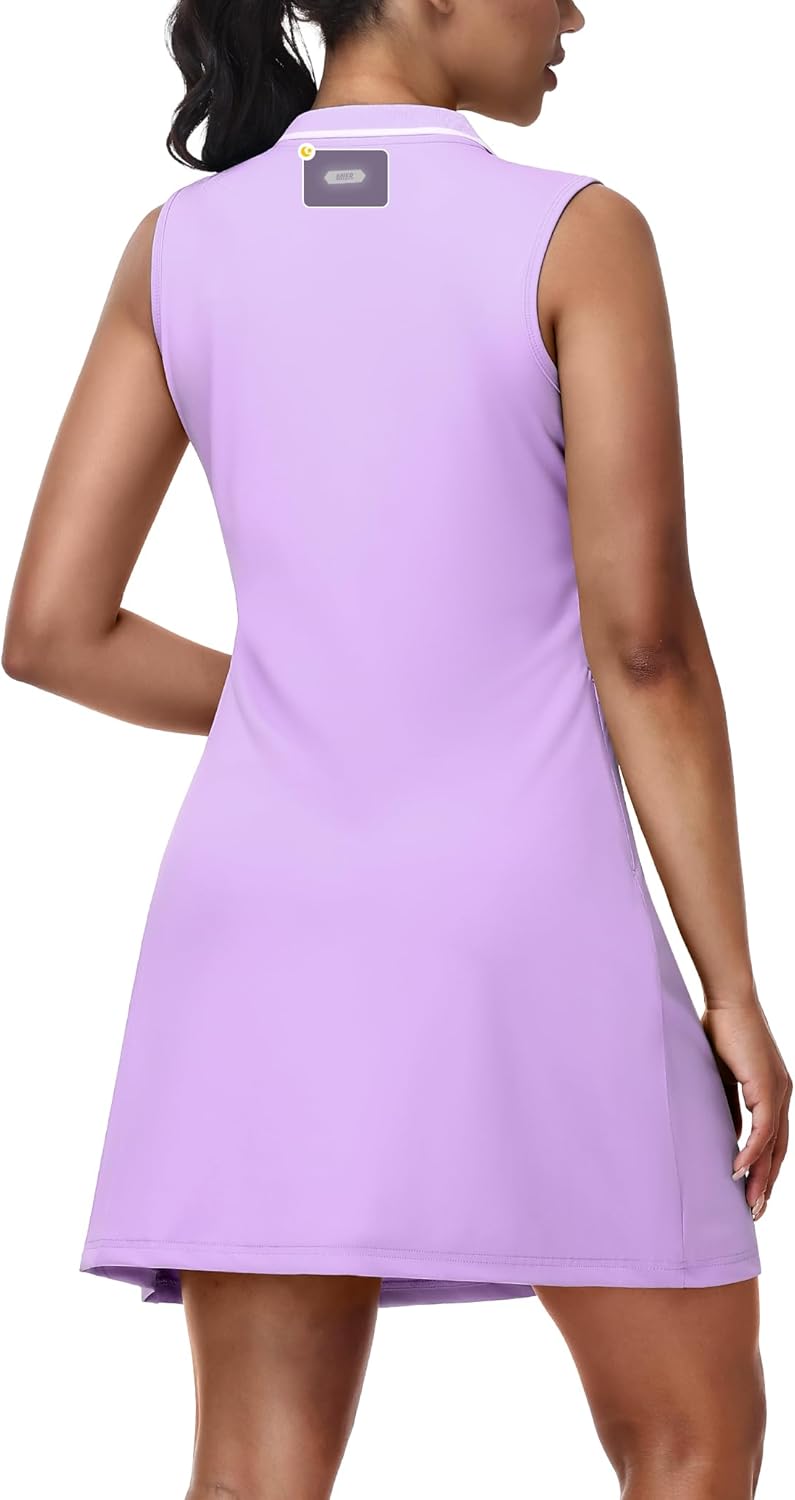 MIER Sleeveless Golf Dress for Women - V Neck Ribbed Stretch Polo Dresses with Zipper Pocket for Tennis Active & Casual Wear