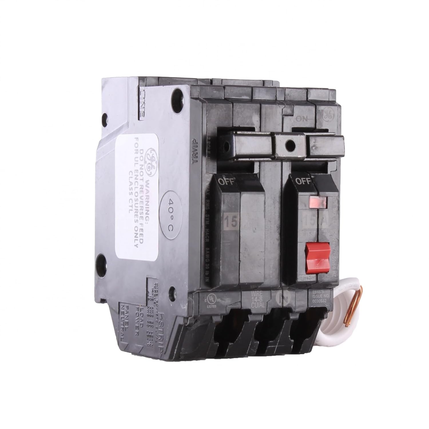 GE Q-Line Self Test Ground Fault Circuit Breaker, 120/240 VAC, 15 A, 10 kA, 2 Poles, Non-Interchangeable Trip