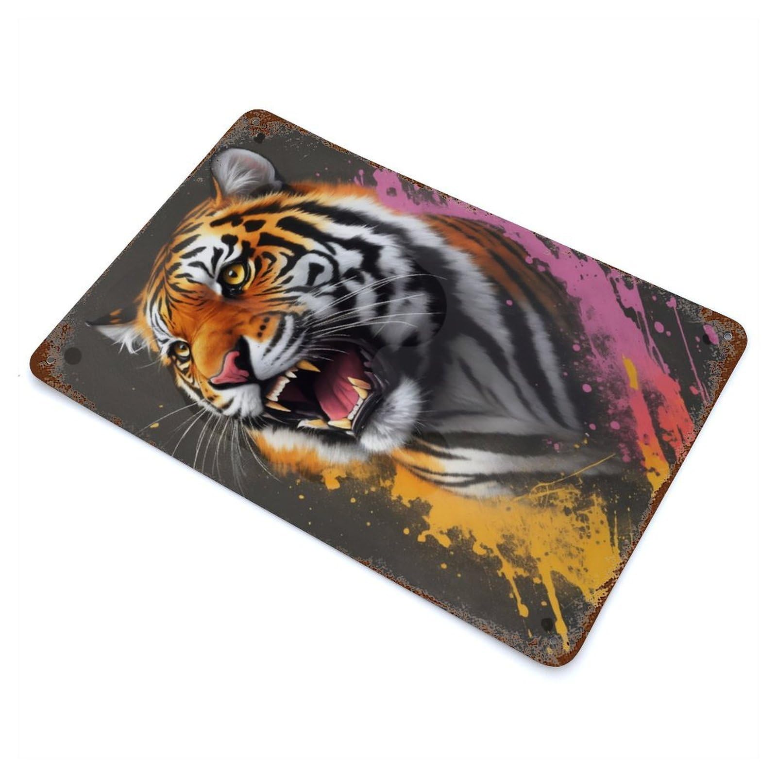 Angry Tiger Painting Vintage Rust Metal Sign 11.8"x7.9", Retro Wall Decor for Garage, Pub Or Kitchen