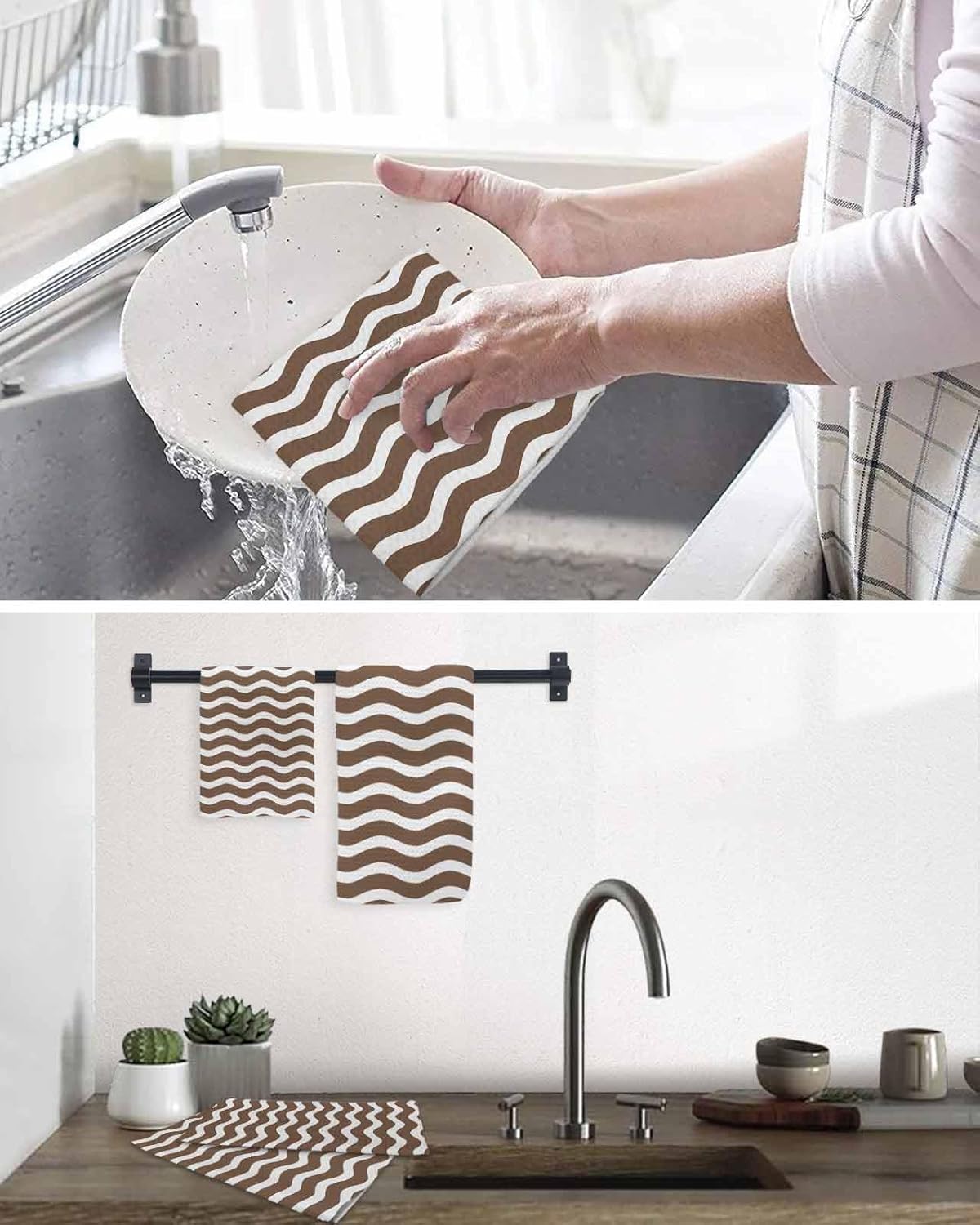 Brown White Hand Towels Set,Waffle Weave Kitchen Towels 2 Pieces,Modern Abstract Waves Water Ripple Striped Microfiber Hair Face Bath Tea Towel Absorbent Quick Drying Cleaning Dish Cloths,15.7"x23.6"