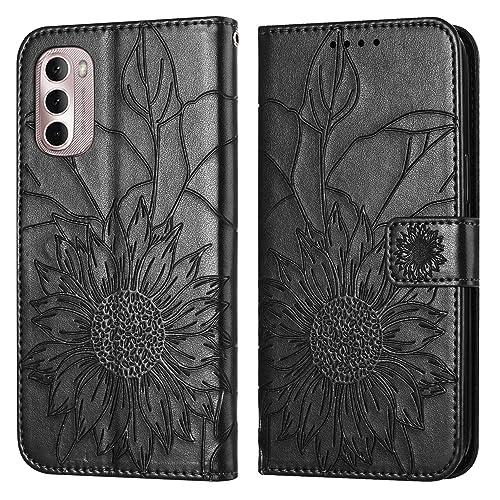 Étui portefeuille Motorola Moto G Stylus 2022 5G en cuir noir texturé relief floral