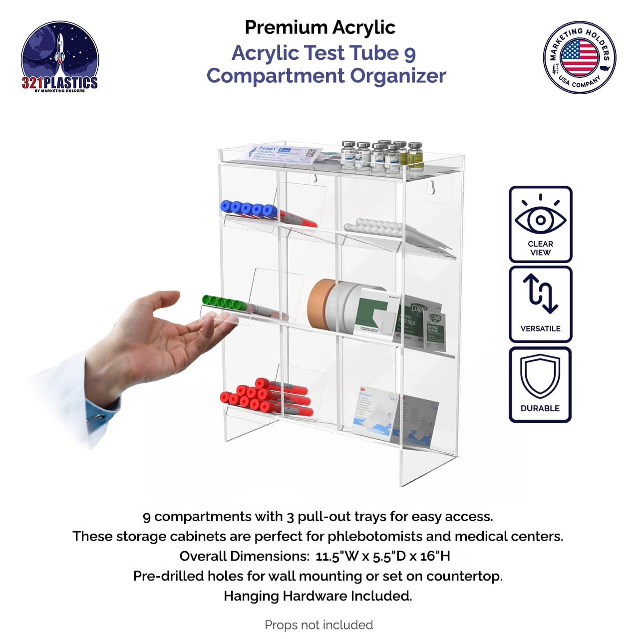 Tube Rack Clear Acrylic 9 Compartment 11.5"W x 5.5"D x 16"H Wall Mount with Hanging Hardware or Countertop Clinics Hospitals Food Industry and Pharmaceutical by Marketing Holders