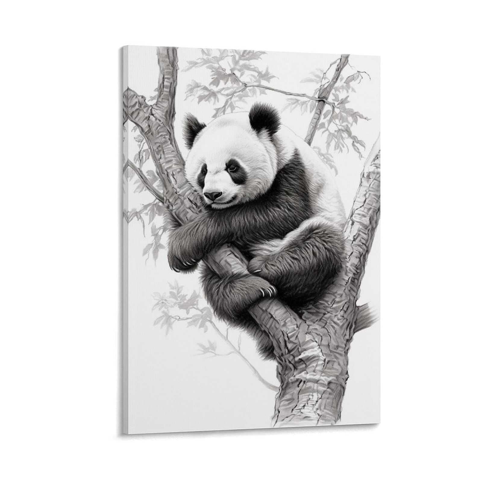 GMUKIFFY Sleeping Panda Painting on Canvas Wall Art Branch Resting Cute Animal Vintage Stretched And Framed Canvas Prints Artwork for Home Decorations Ready to Hang Wall Decor 08x12inch(20x30cm)