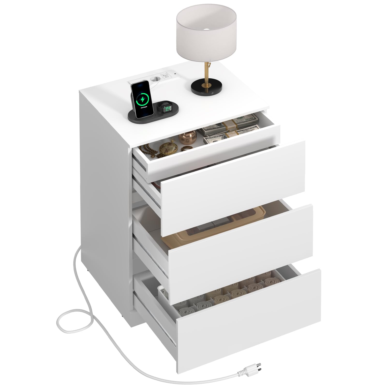 Asgolion Nachttisch mit Steckdosenleiste, Beistelltisch, mit versteckter Schublade, 4 Schubladen, 2 AC-Steckdosen, 1 USB-A-Anschluss, 1 USB-C-Anschluss, modern, Weiß EU25NS661W