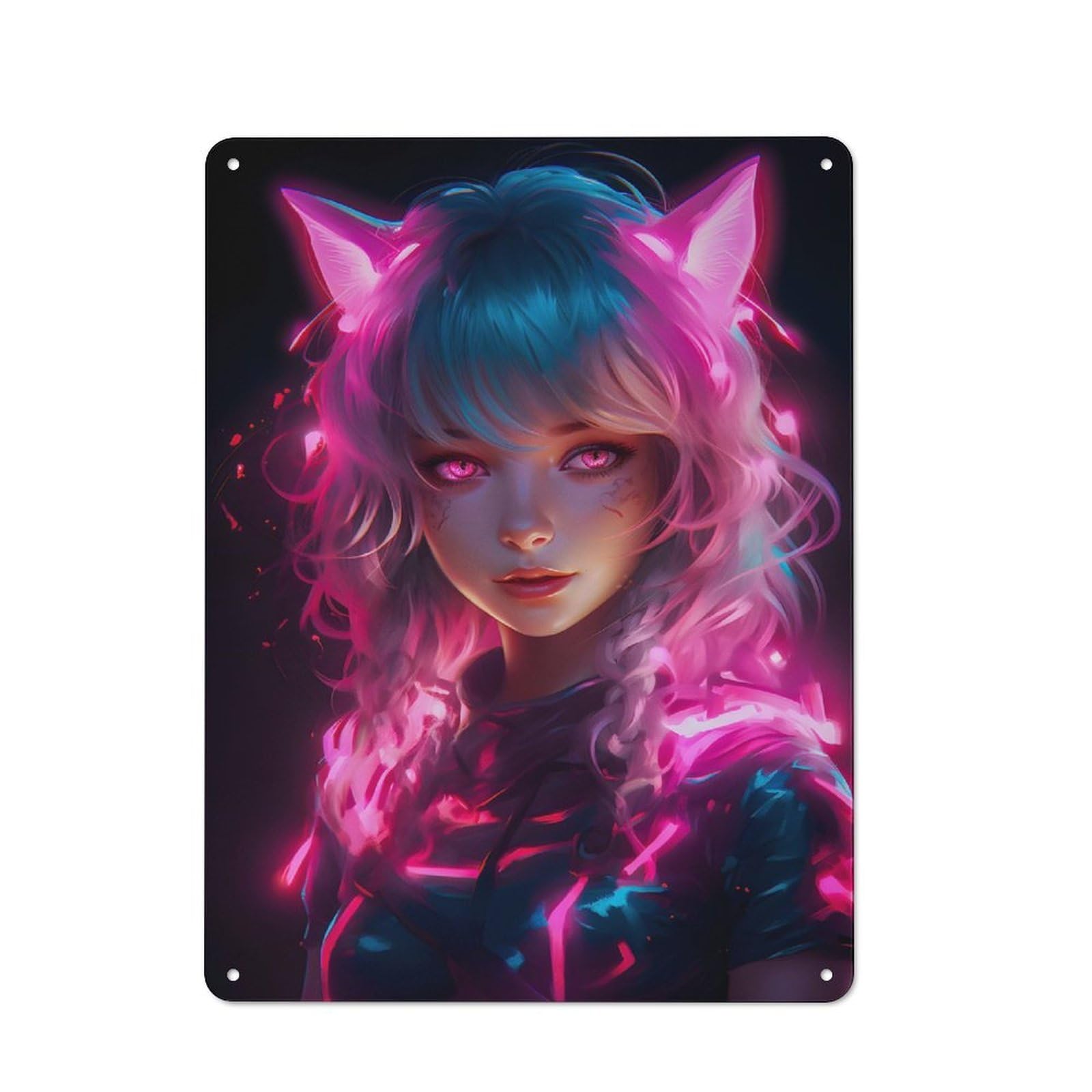 Junmoney Girls Anime Cat Neon Pink Tin Sign With Design 40X30cm, Garage Style Garage Wall Decor For Garage, Hobby Room, Office Or Man Cave