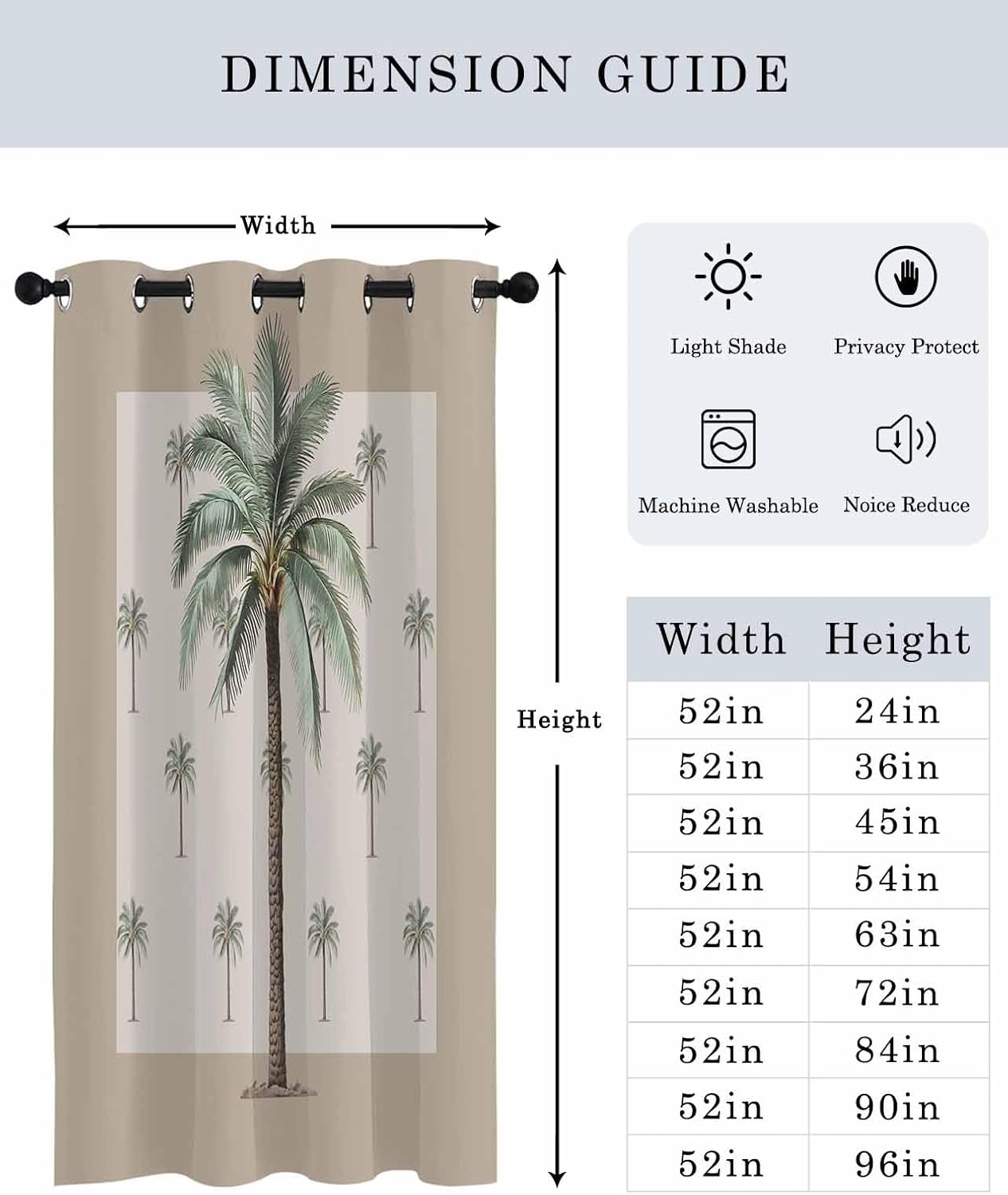 52x90 Inch Window Curtain Tropical Plant Palm Tree Brown Background Semi Sheer Grommet Curtain, Privacy Drapes Light Filtering for Bedroom Living Room Bathroom Window, Home Decor Window Treatment