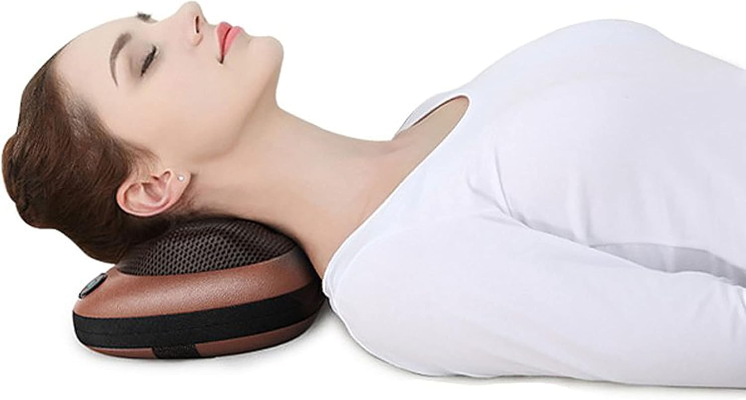 Diagram showing various body parts (neck, arms, waist, legs, ankles) where the BEPER 40.501 Massage Cushion can be used, alongside a woman relaxing on a sofa.