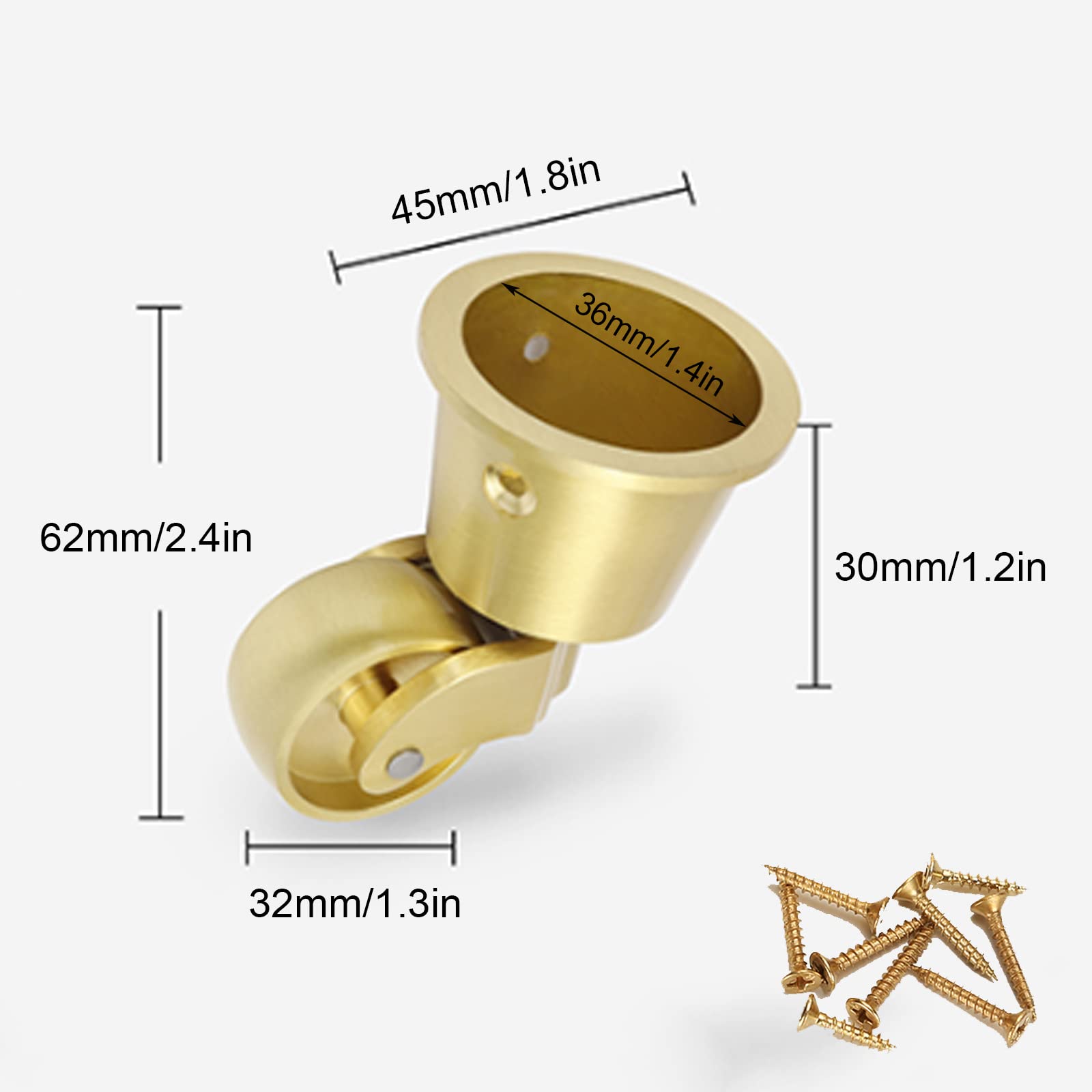 rotelle， 4 pezzi solidi, 32 mm for carrello da tavolo for mobili, attacco a tazza, capacità di carico 330 libbre/150 kg, con viti, oro