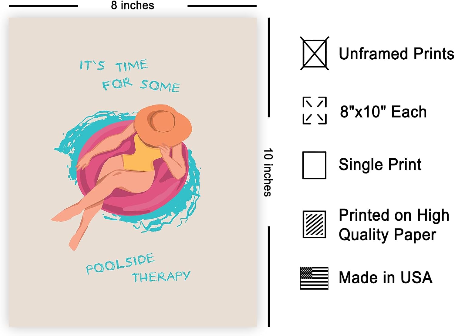Poster Master It's Time For Some Poolside Therapy Poster - Retro Pool Print - Swimming Art - Woman Design - Motivational & Chic Boho Design - Great Living Room or Office Decor - 8x10 UNFRAMED