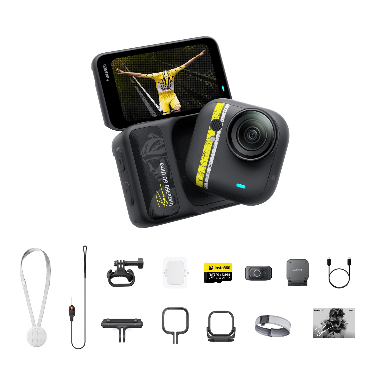 Insta360 GO Ultra Tadej Pogačar Edition - Small 4K Vlogging Camera, Hands-Free, POV Cam, 1/1.28" Sensor, 53g Lightweight, 156° FOV, 200 Min Battery Life, Magnetic Wearable Action Camera for Cycling