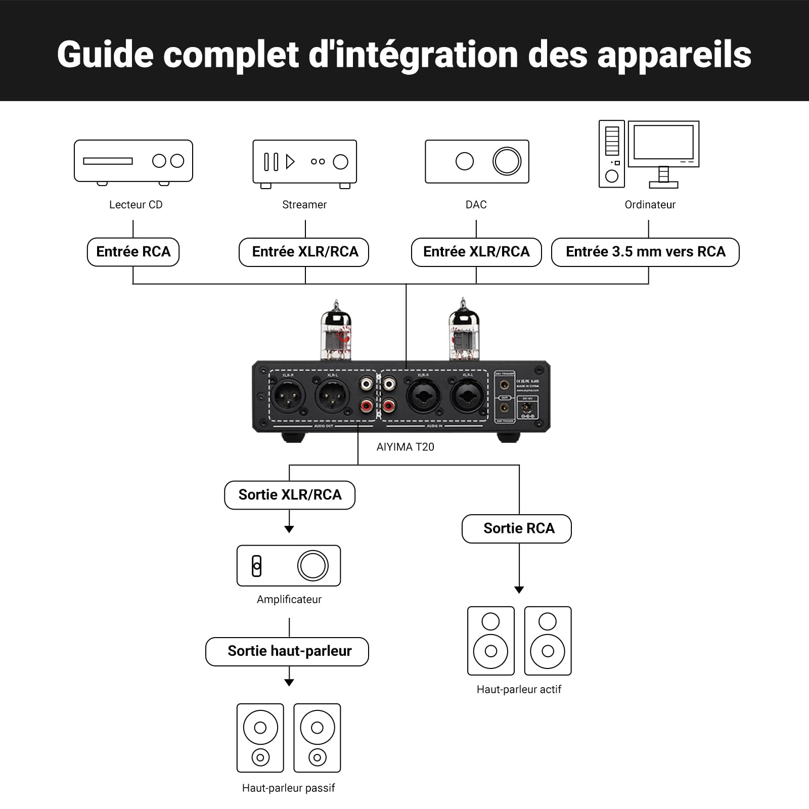 Préamplificateur à Tube entièrement équilibré AIYIMA T20 LME49720 pour HiFi Home Audio Mini préamplificateur à Tube à Vide avec entrées et Sorties RCA et XLR et Sortie de déclenchement 12 V