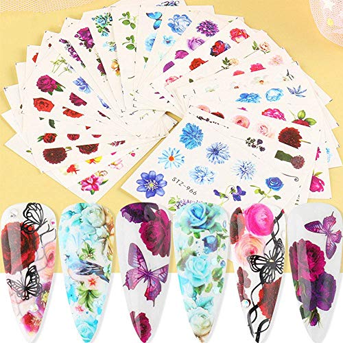 Butterfly Nail Art Decals Stickers Nail Accessories Decorations Supplies Nail Stickers for Women Girls Butterfly Flower Water Transfer Decals Manicure 24 Sheets