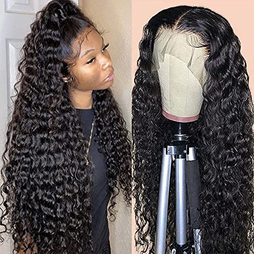 13x4 Deep Wave Frontal Wigs Human Hair Brazilian Human Hair Lace Front Wigs for Black Women 150% Density Curly Human Hair Wigs Natural Color(Deep Wave Wig, 24 Inch)