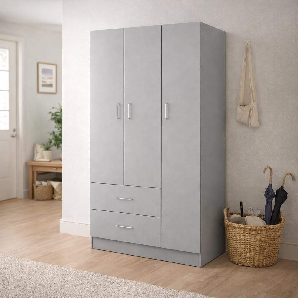 Armadio Guardaroba 80x50x180h CM - 3 Ante, 2 Cassetti, Ripiani, Appendiabiti Alto, Maniglie, Struttura in Legno Truciolare, Spazioso, Salvaspazio, Cabina Armadio, Camera - (Grigio)