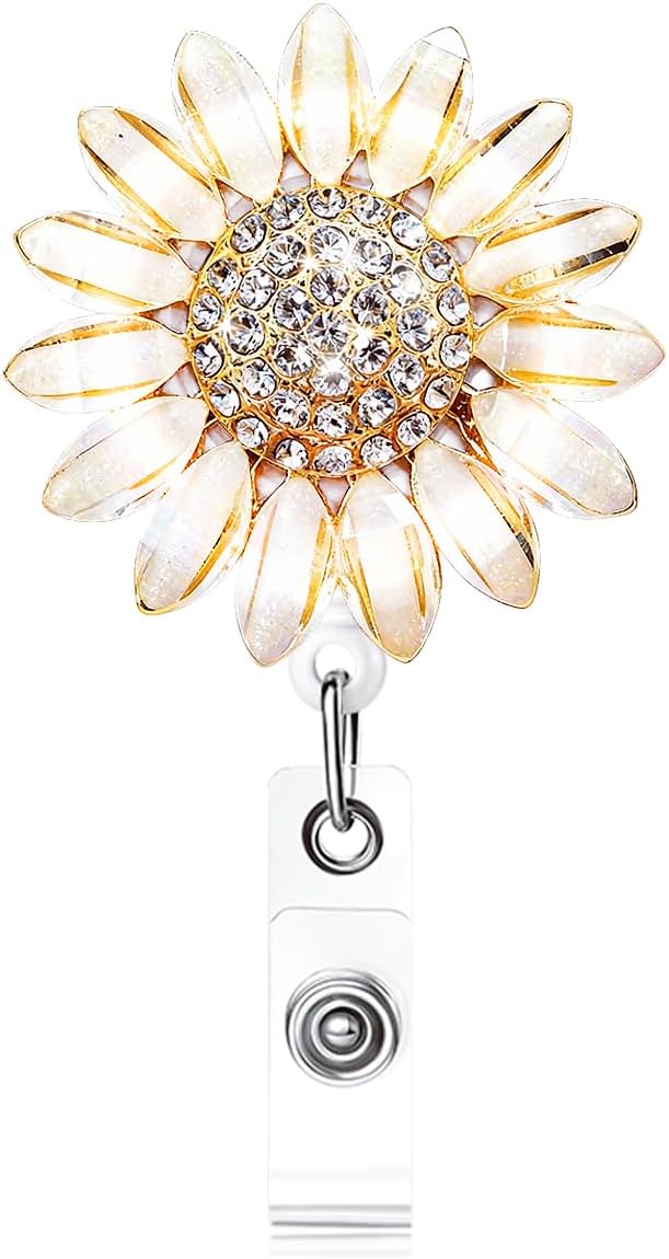 Luxury Flower Retractable Badge Holder with Swivel Alligator Clip, Bling Rhinestones Badge Reel Clip On Name Card Holders