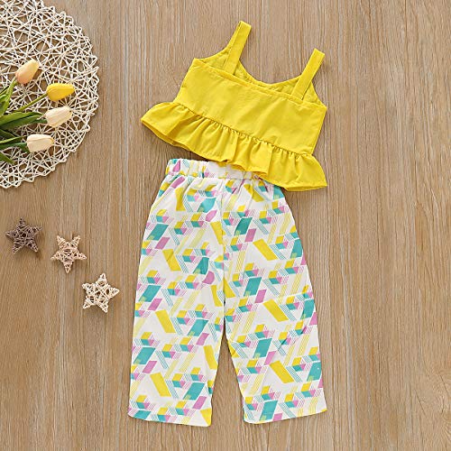 Toddler Kids Girls Ruffle Strap Tank Tops+Geometric Wide Leg Pants Outfit Summer Clothes Two Piece Set (Yellow, 2-3T) - Thumbnail 3
