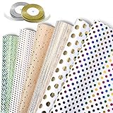 🎁6 hojas de papel de regalo y 2 rollos de cinta, 6 tipos de papel de regalo con tema de puntos bronceados, que incluyen puntos de colores, triángulos calientes, patrones de ondas, puntos grandes, triángulos, papel de embalaje de líneas de estampado en caliente, uno de cada tipo, que puede satisfacer sus diversas necesidades de embalaje.
