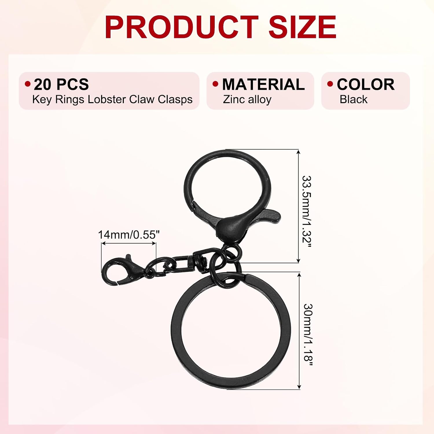 MECCANIXITY 20 Pcs Large Lobster Claw Clasps with Key Rings, Colorful Keychain Clip Hooks Bulk for Bag Purse Charm Key Chain Supplies DIY Crafts, Black image 2