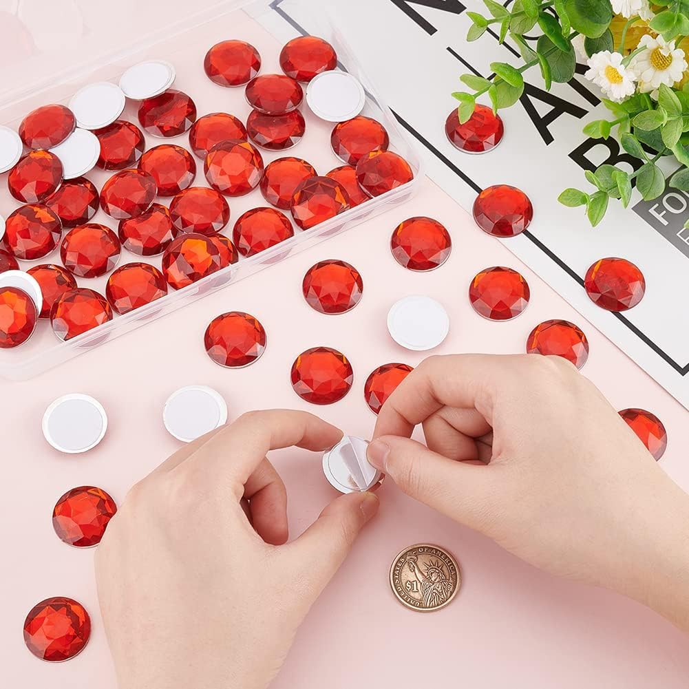 FINGERINSPIRE 50Pcs 25mm Flat Back Round Acrylic Rhinestone Red Self-Adhesive Round Jewels Large Plastic Gems Embelishments Stick On Jewels Crystal Circle Gems for Costume Making Cosplay Crafts - Image 3