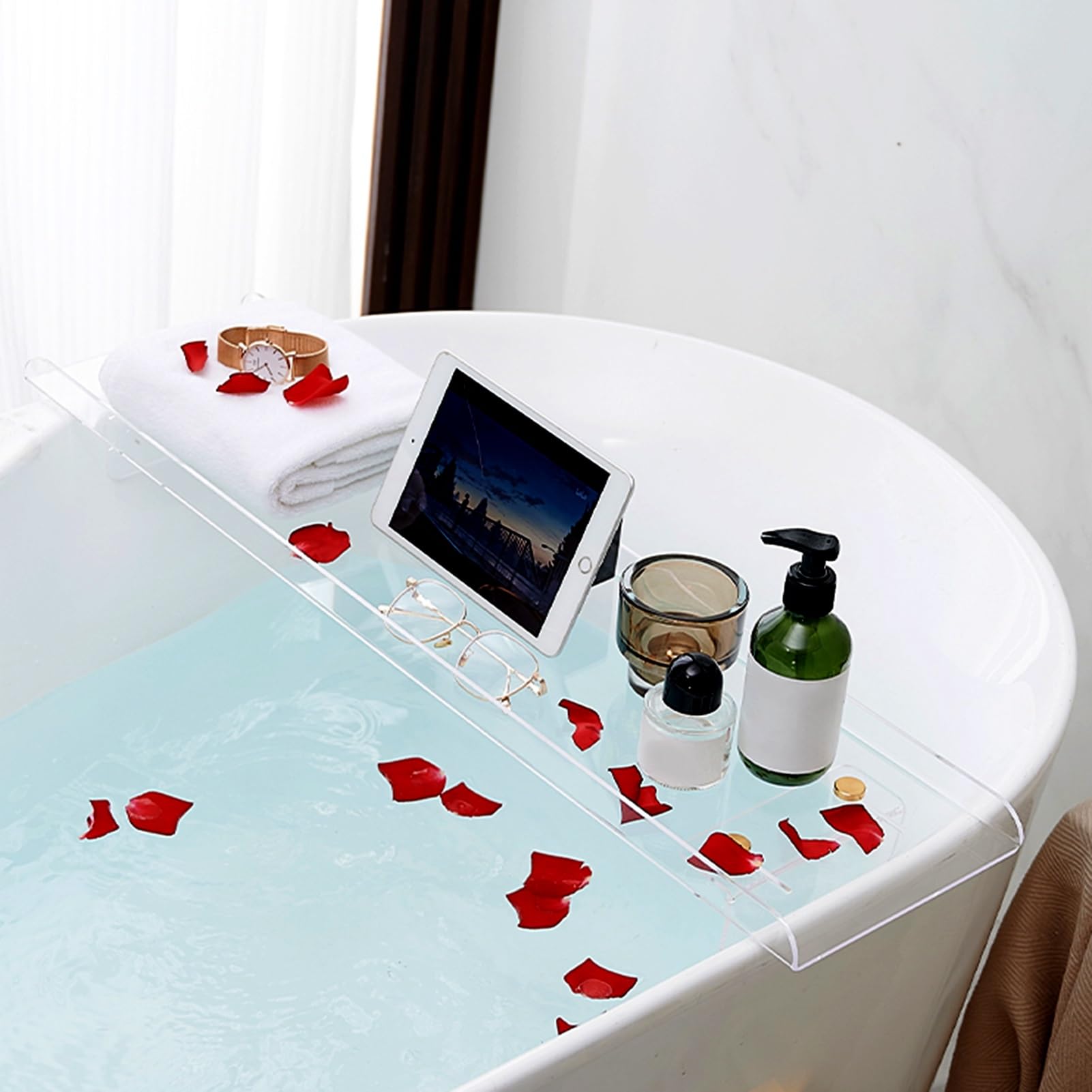 Bandejas para bañera, (es:Bandeja de baño Extensible para bañera, Bandeja de acrílico Transparente para bañera, Estante Transversal con barandilla de 3 cm de Alto, Soportes de Lujo para ba