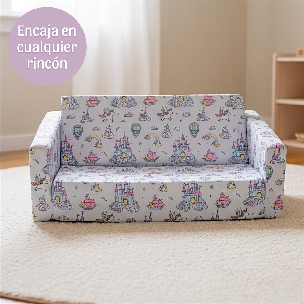 Sofá infantil plegable 2 en 1 de espuma alta densidad (25 kg/m³) - Sillón infantil ligero 2 kg, desenfundable, seguro, OEKO-TEX, Montessori desde 9 meses, no comprimido al vacío. (UNICORNIOS)