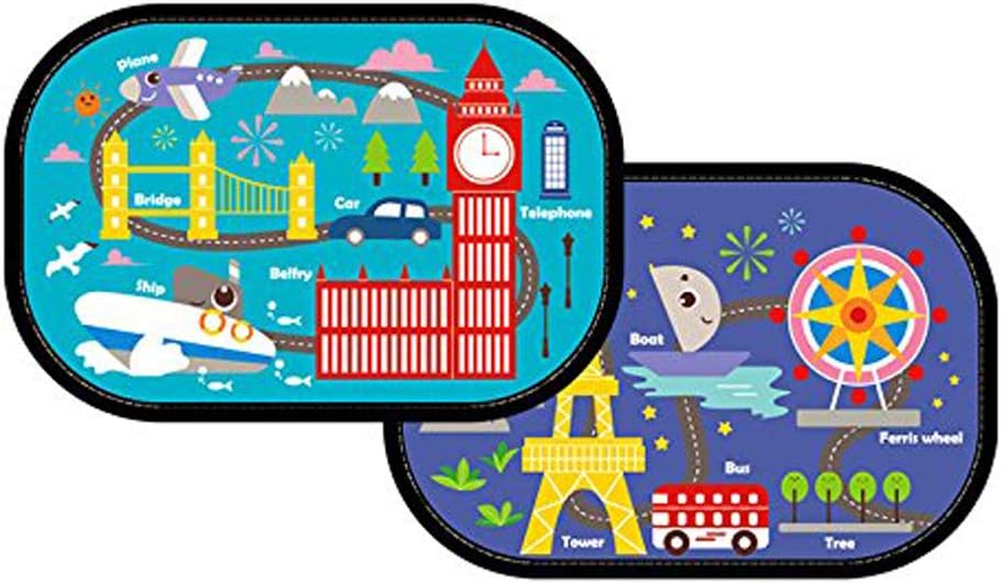 Car Sunshades (2 Packs) with Cartoon Image,Electrostatically Absorbing Universal Car Window Sun Shades,Blocking The Sun,Glare and UV Rays to Protect Kids-Easy to Install (Travel Around The World)