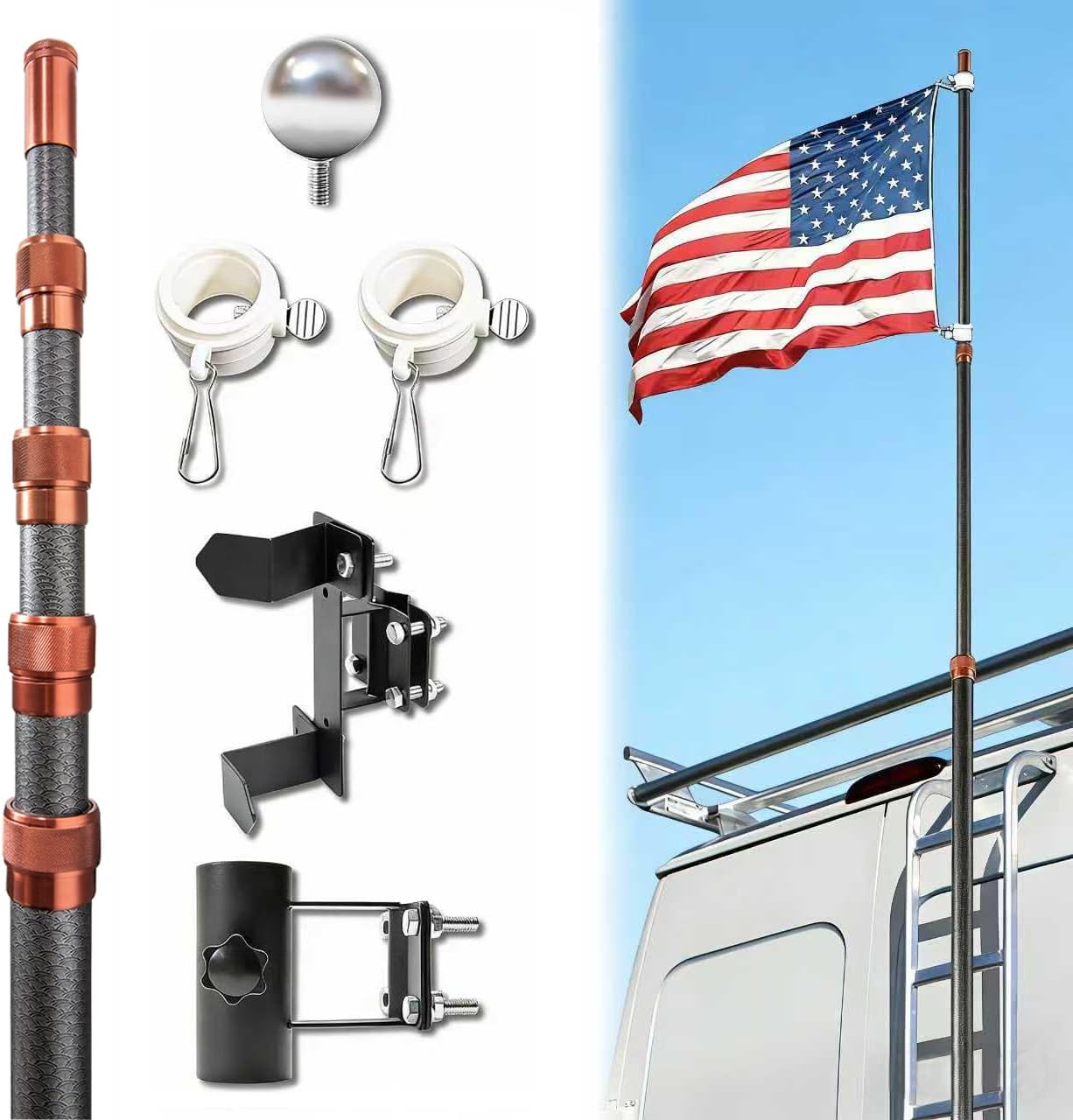 Zelvoro Carbon Fiber RV Flag Pole Kit, 20′ Telescoping