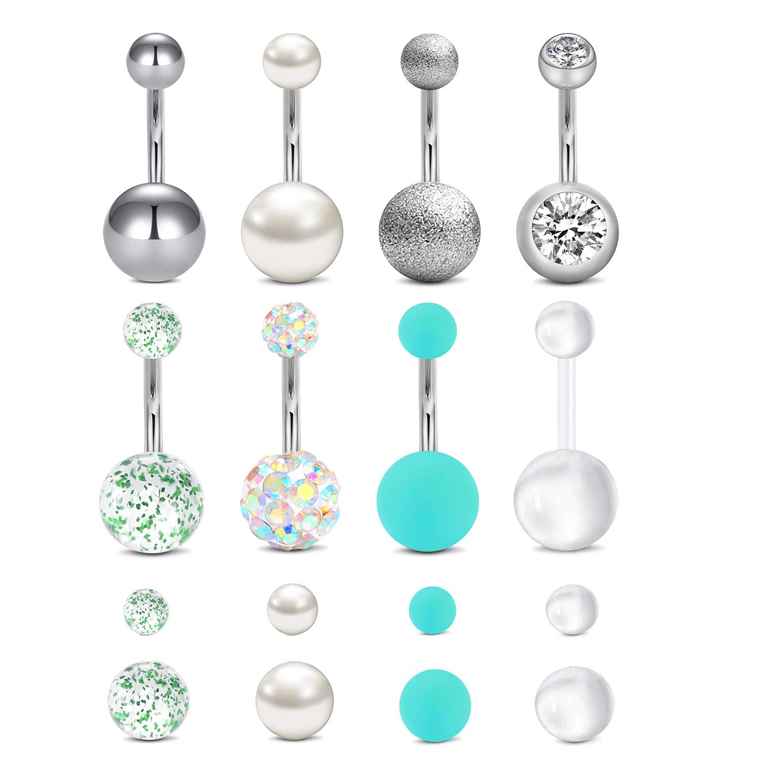 Rajnard Piercing Ombligo 14G 12mm 10mm Acero quirúrgico Bola de Cristal perlada de 3-8 Piezas