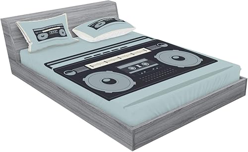 Miniatura 2 de Ambesonne Juego de sábanas bajeras y fundas de almohada Hip Hop, imagen clásica de los años 80 Boombox sobre garabatos, fondo retro, tema nostálgico