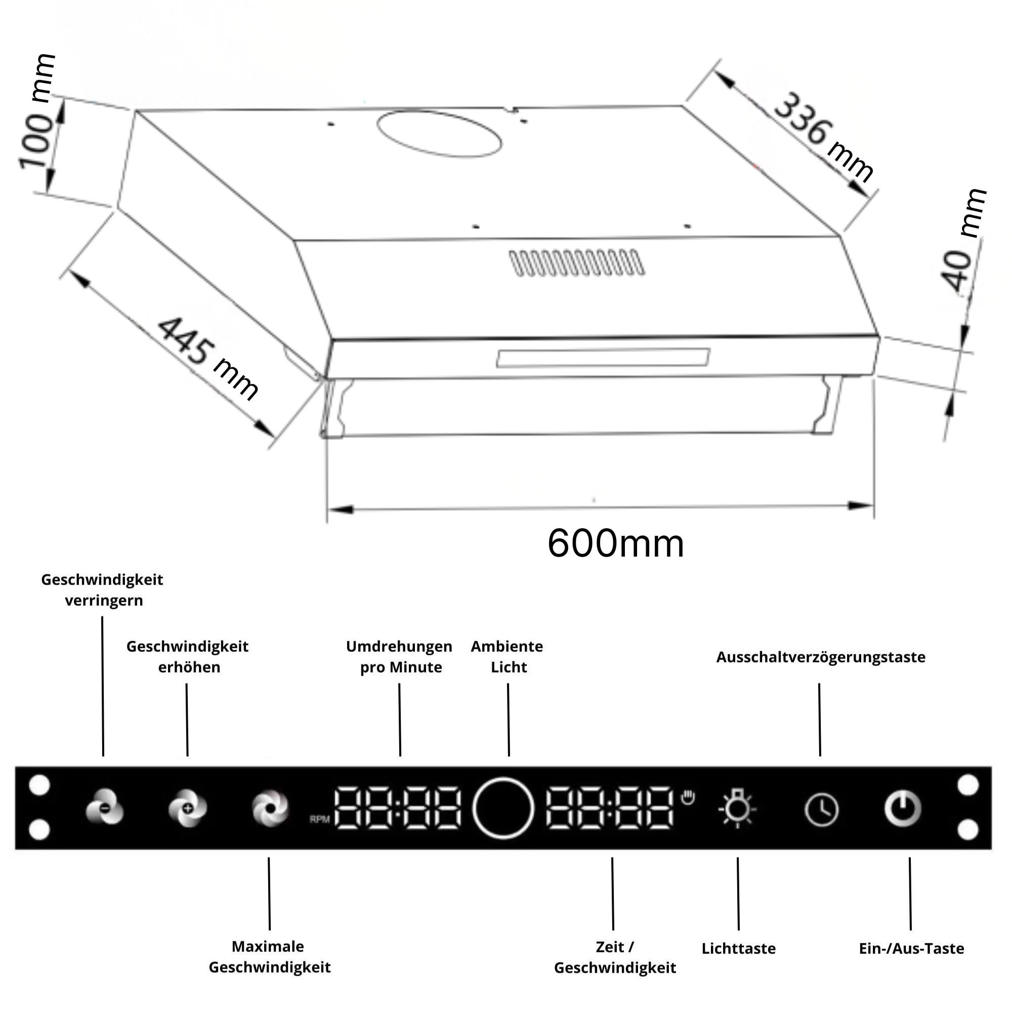 Dunstabzugshaube 60cm Unterbau Umluft/Abluft 650m³/h starke Saugleistung Doppelter Motor Touch-Gestensteuerung Multifunktionales Touch Display