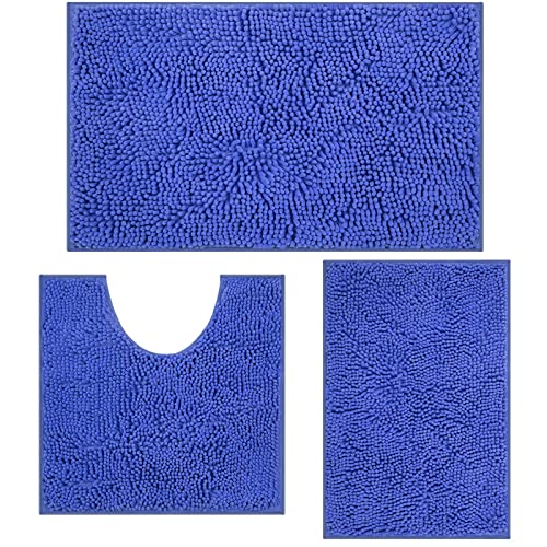 Bathroom Rugs Sets 3 Piece Chenille Bath Mats Anti-Slip Bath Rugs with Soft Plush PVC Backing Water Absorbent Carpet 1'' Quick Dry Microfiber Toilet Mat, Calm Blue Calm Blue 3 piece