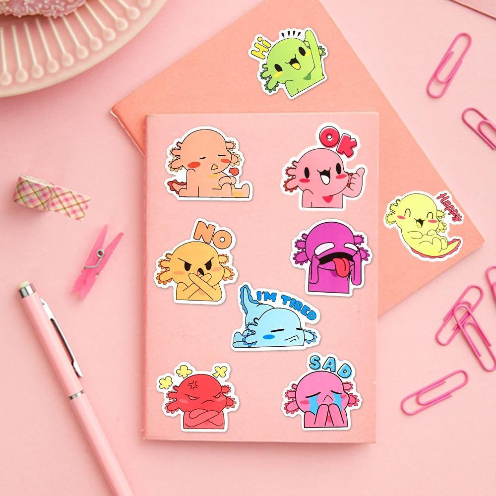 50 Pcs Axolotl Stickers for Water Bottles, Waterproof Vinyl Cute Stickers for Scrapbook, Laptops, Decorative Decals for Kids Girls Teens