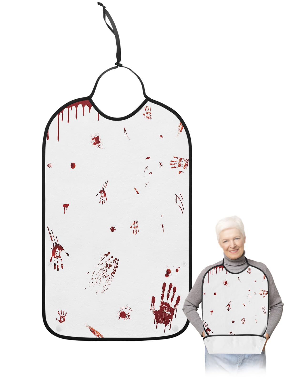 LEOKOTI Halloween Adult Bibs for Eating, Waterproof Bibs with Food Catcher & Adjustable Snap Closure, Horror Red Blood Palm Print White Washable Clothing Protectors Adult Bibs for Elderly Women/Men