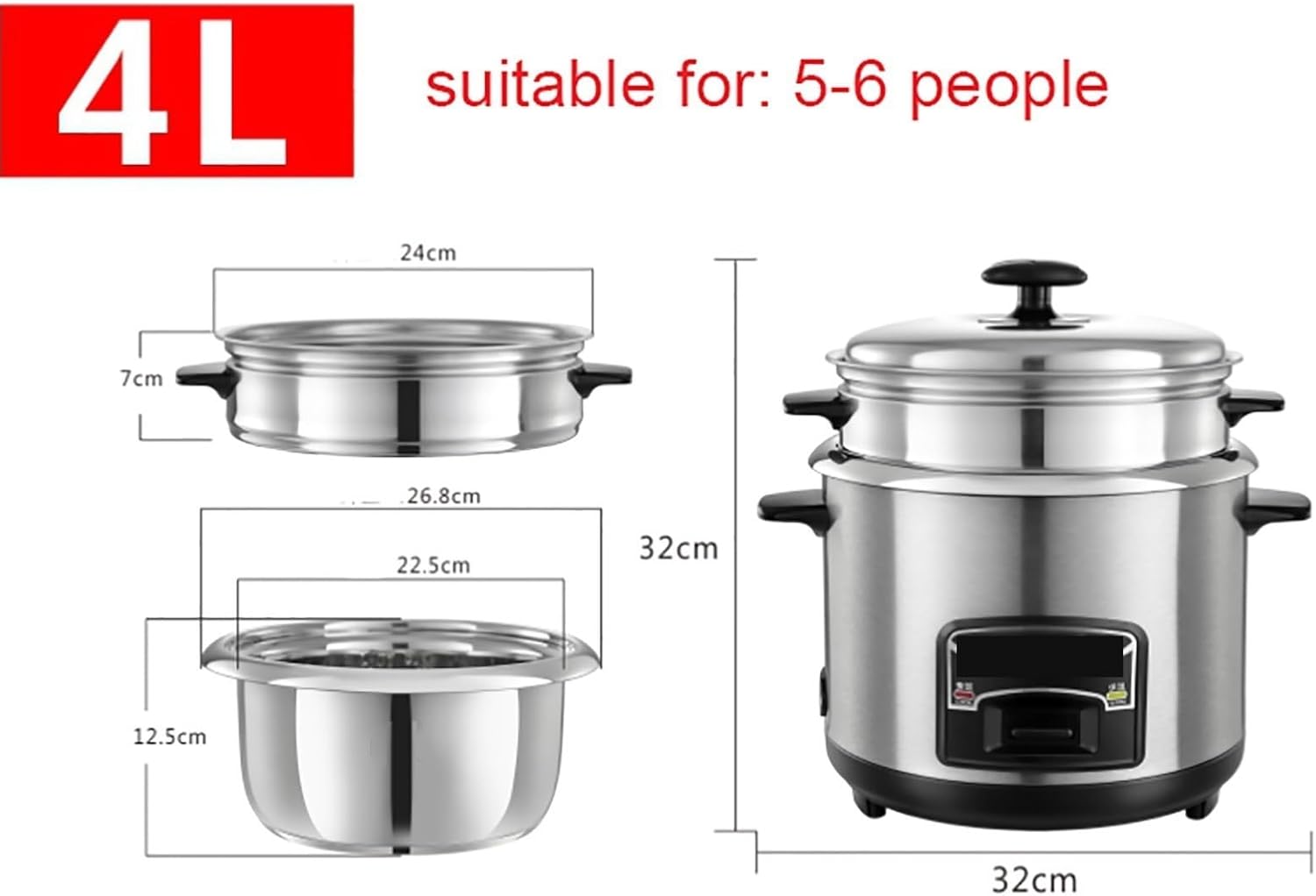 Rice Cooker And Steamer-keep Warm Function (2-6L), 304 Stainless Steel Liner, With Spatula And Measuring Cup, For 1-11 People 220-240V US/EU(4L)