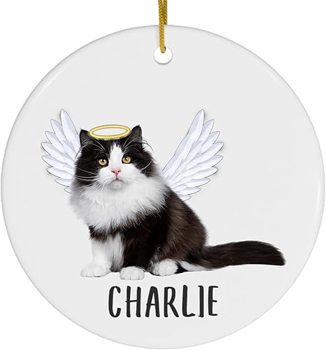 Esmoquin - Alas de ángel de gato siberiano conmemorativas personalizadas, adornos de Navidad 2025, círculo blanco de cerámica para el propietario