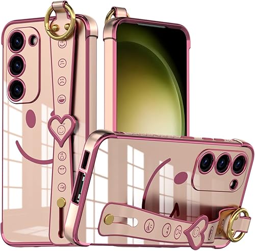 AICase Funda para Samsung Galaxy S23 con protección completa de lente de cámara + correa, cara sonriente chapada con purpurina brillante protección