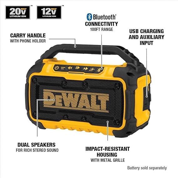 DEWALT 20V MAX Bluetooth Speaker, 100 ft Range, Durable for Jobsites, Phone Holder Included, Lasts 8-10 Hours with Single Charge (DCR010), Black Yellow