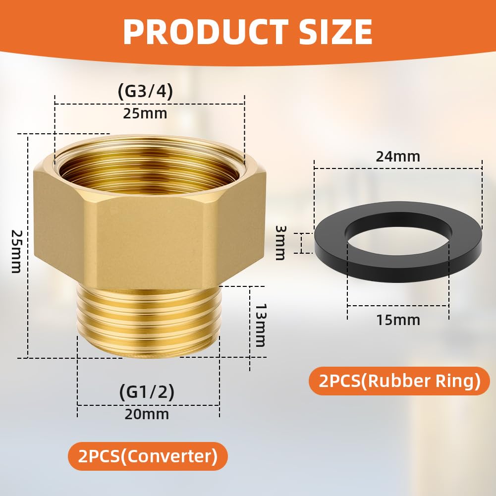 Flintronic 1/2" Macho a 3/4" Hembra BSP Roscado Latón Reductor Hexagonal Conector Tubería, con Anillo de Sellado, para Agua Gas Petróleo (2PCS)