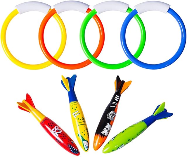 Underwater Pool Diving Toys, 8 Pcs Water Pool Toys for Kids Ages 4-8 8-12 Diving Rings and Pool Torpedo Set Training Dive Rings Swim Toys