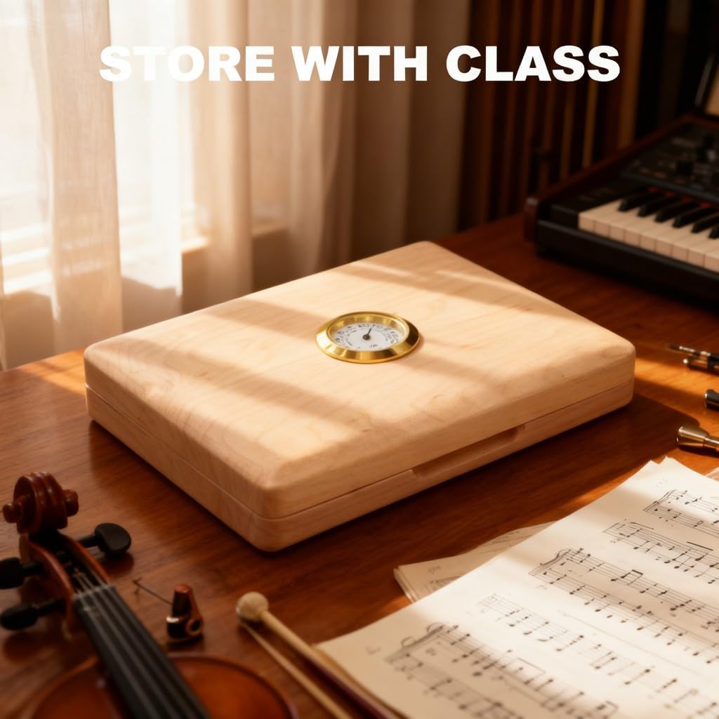 Saxophone Clarinet Case Solid Wood, 5 - Reeds Storage Box with Hygrometer, Log Color - Humidity Control, Protective Plush Interior, Ideal for Multi Instrument Accessories (Wood Color)