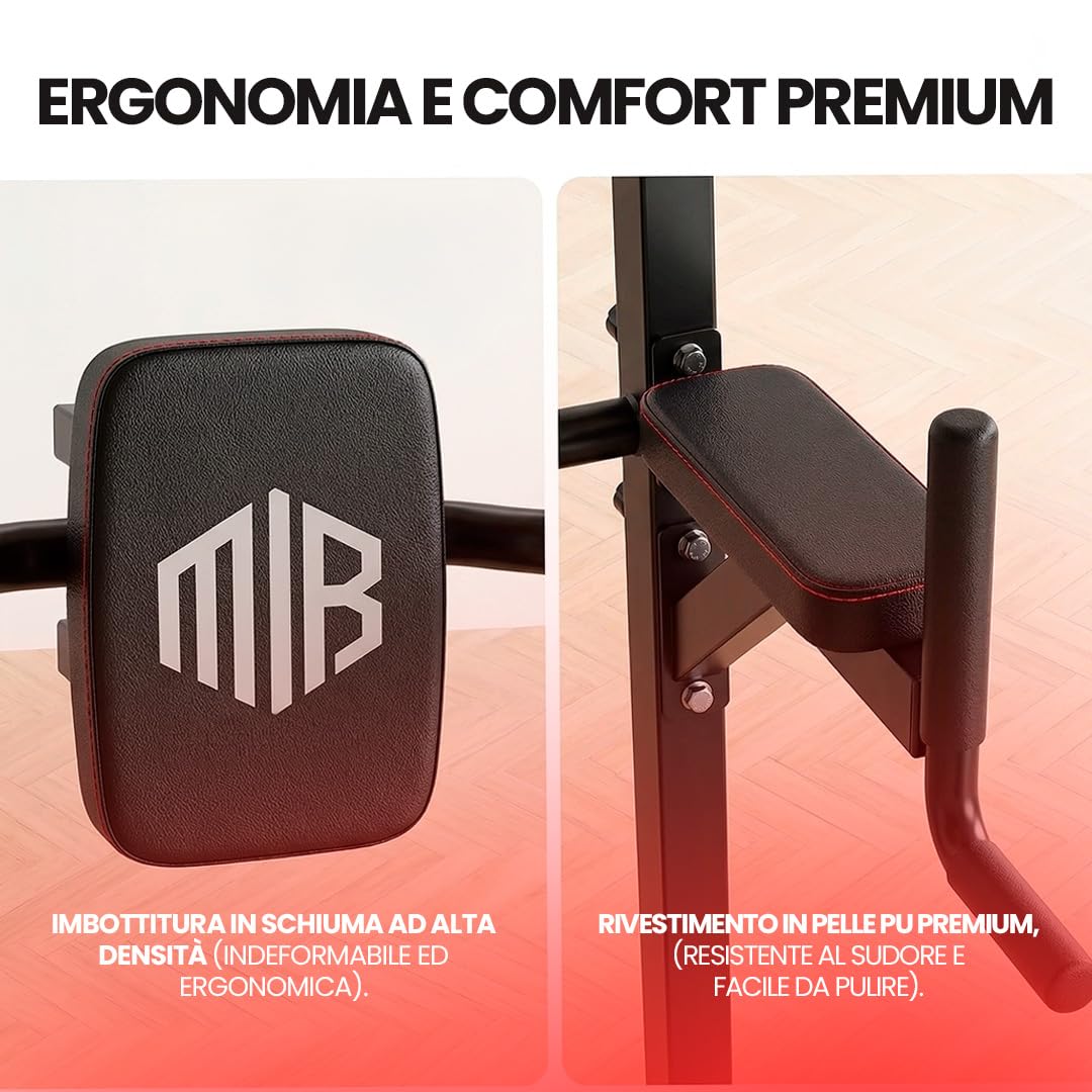 ManiBoom "ROCCIA SOLIDA" Barra Trazioni Autoportante (220KG) - Power Tower Regolabile (165-235cm) con Base Antiribaltamento per Calisthenics, Dips e Trazioni a Casa