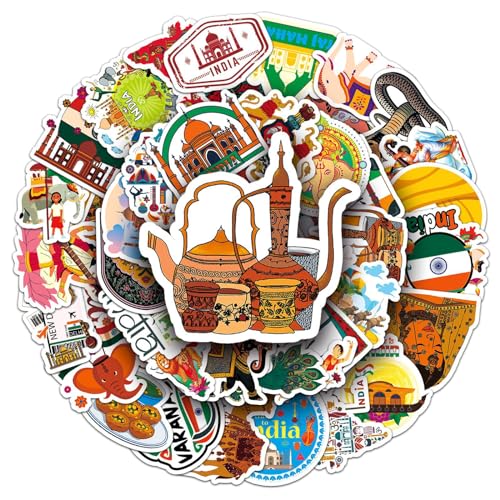 50 Pcs India Stickers, Sari & Temple Cultural Element Decorative Stickers, Eco-Friendly Material for...