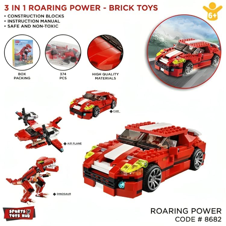 Image of Sky Tech Roaring Power Architect 3 in 1 Building Blocks Brick Set Dinosaur Aircraft Car Toy for Kids, Best Creativity Skills & Engineering Stem Educational Die Toys for Childrens, Set of 1