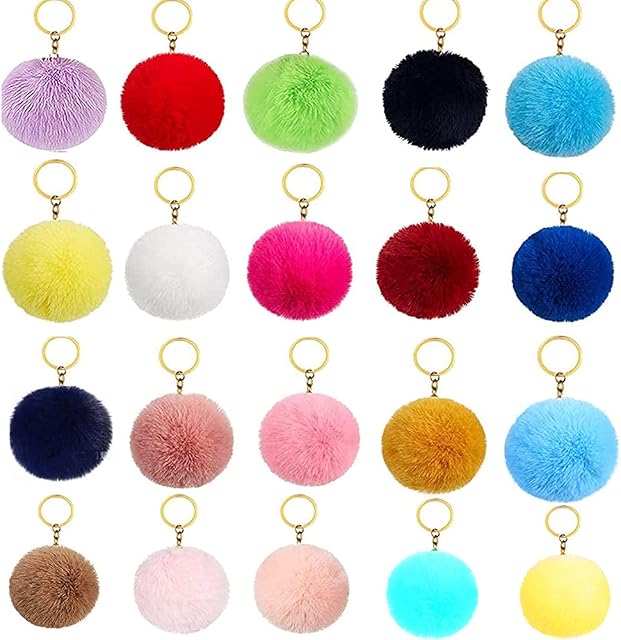 Pompoms Keychain 20 pieces Pom Pom Fluffy Keyring Multicolor Keyfob Faux Fur Balls for Girls Women Hats Shoes Bags