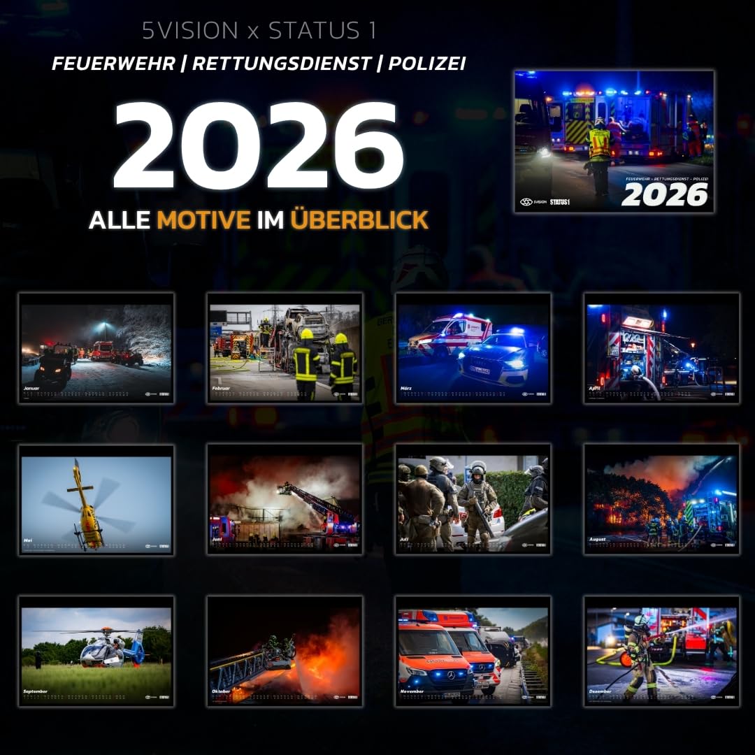 Feuerwehrkalender 2026 (Mega Bundle Wandkalender XXL A2 + A4 & Tischkalender A5) - Echte Einsätze von Feuerwehr, Rettungsdienst & Polizei - der Blaulichtkalender von 5 VISION & STATUS 1